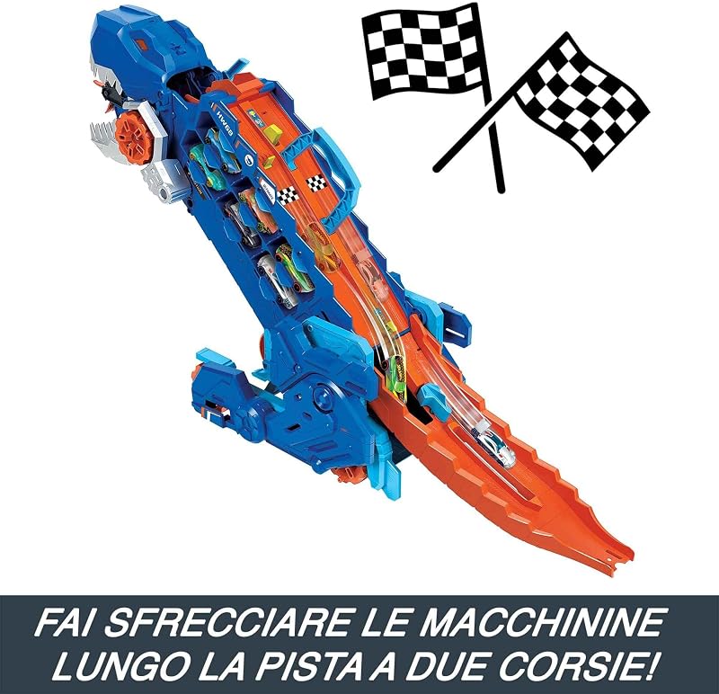 ​Hot Wheels City 'Let's Race' Netflix - Mega Dino Trasportatore, pista da corsa che si trasforma in un T-Rex, playset con luci e suoni, box per riporre 20 macchinine in scala 1:64, 4+ anni, HNG50