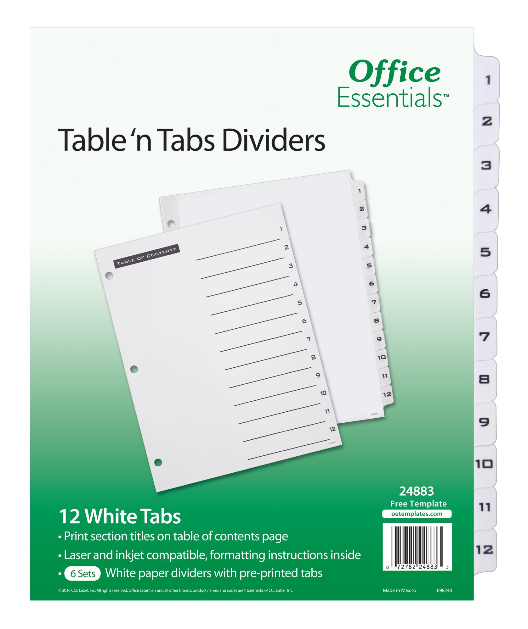 Office Essentials Table 'n Tabs Dividers, 8-1/2" x 11", 1-12 Tab, Black/White Tab, Laser/Inkjet, Pack of 6 (24883)