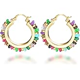 Melhill Boho Natural Gemstone Hoop Earrings Gold Plated Hypoallergenic Colorful Malachite Crystal Vintage Statement Jewelry for Women