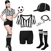 Cuffbow Women Referee Costume White and Black Stripe Ref Shirt Jersey Shorts Referee Hat Whistle for Football Soccer Cosplay