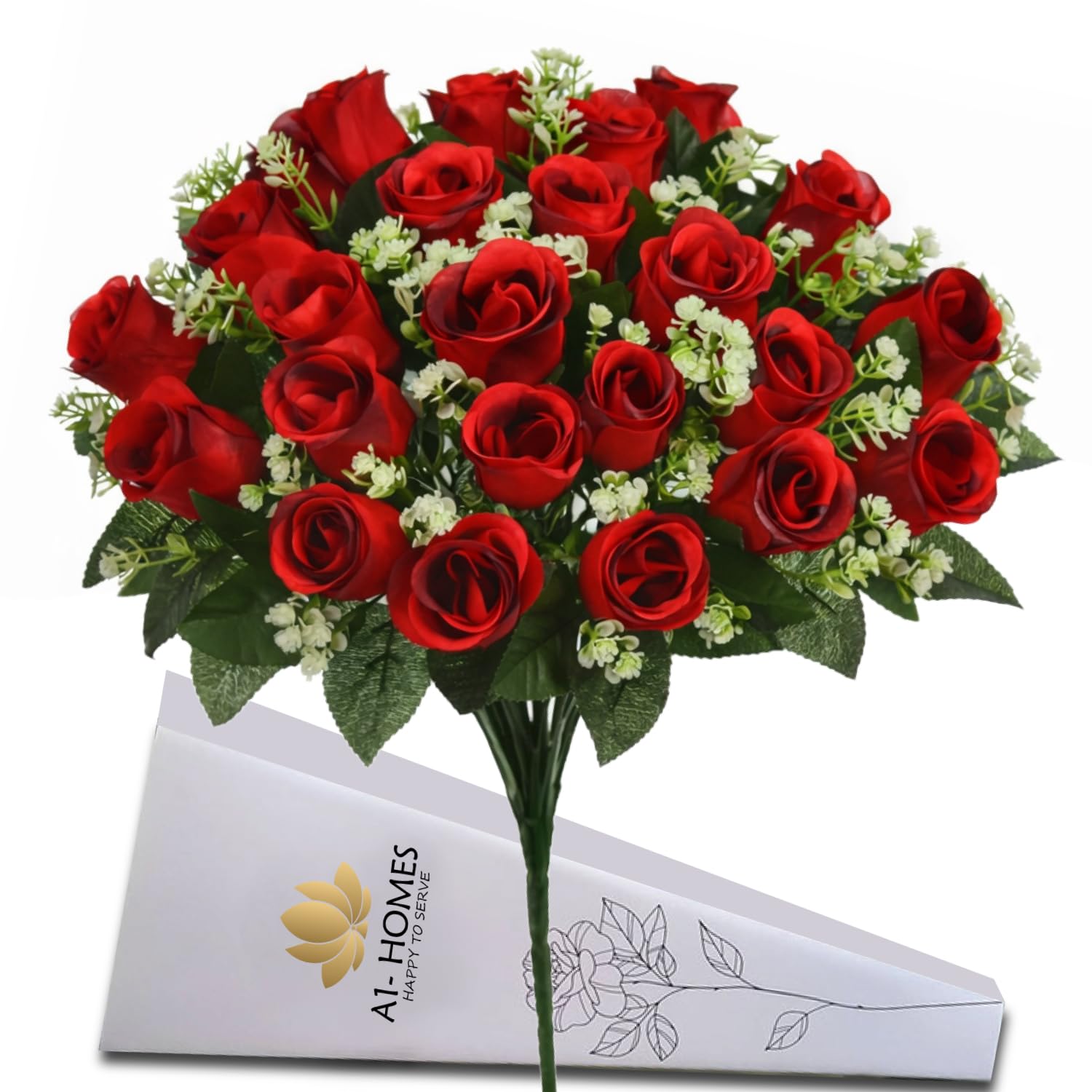 A1-Homes 41cm Artificial Silk Red Rose Bush with Gyp & Foliage 24 flower heads- Wedding Grave Home Decoration (Red, 2 Red Bunches)