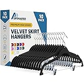 Lifemaster Velvet Skirt Hangers – with Adjustable Clips, 360 Degree Swivel Hook, and Non-Slip Shoulder Notch, Holds Up to 10 lbs, for Organizing Skirt, Pants, Dress, and Clothes, Pack of 10, Black