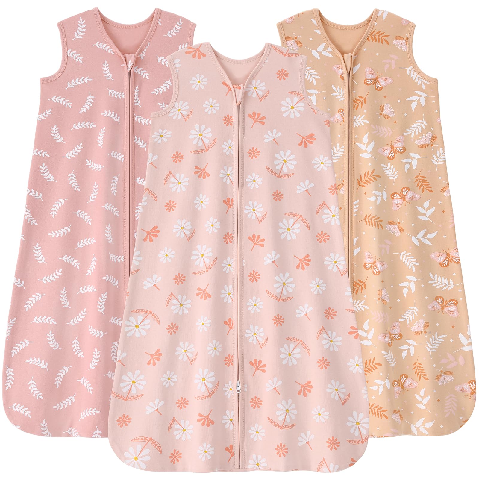 Photo 1 of FIEMOL Baby Sleep Sack 12-18 months, 100% Cotton Sleeping Sack for Newborn and Infant, 3 Pack Baby Wearable Blanket for Boy and Girl, 0.5 Tog Lightweight Double Zipper Sleep Bag Pink Orange Flower