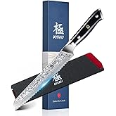 KYOKU 8" Serrated Bread Knife - Gin Series - VG10 Damascus Japanese Style Steel Kitchen Knife with Silver Ion Blade G10 Handle Mosaic Pin, Professional Razor-Sharp Bread Cutting Slicing