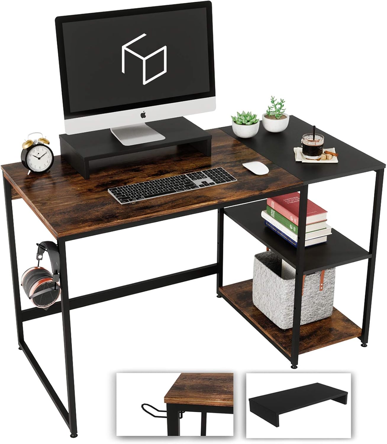 Nost & Host Computer Desk with Storage Shelves and Free Large Monitor Stand, Sturdy Wooden Modern Industrial Home Office PC Laptop Study Writing Table Workstation, 47.2 inches, Rustic Brown and Black: Kitchen & Dining