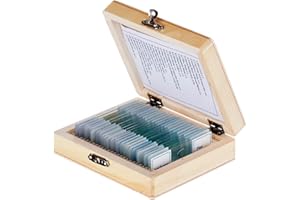 AmScope PS25 Prepared Microscope Slide Set for Basic Biological Science Education, 25 Slides, Includes Fitted Wooden Case Brown