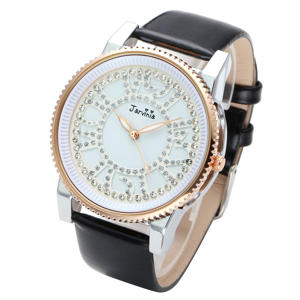 JSDDE Uhren,Elegant Frauen Armbanduhr Strass Ziffern Damen-Armbanduhr Echtleder Armband Analog Qaurzuhr J251,Schwarz