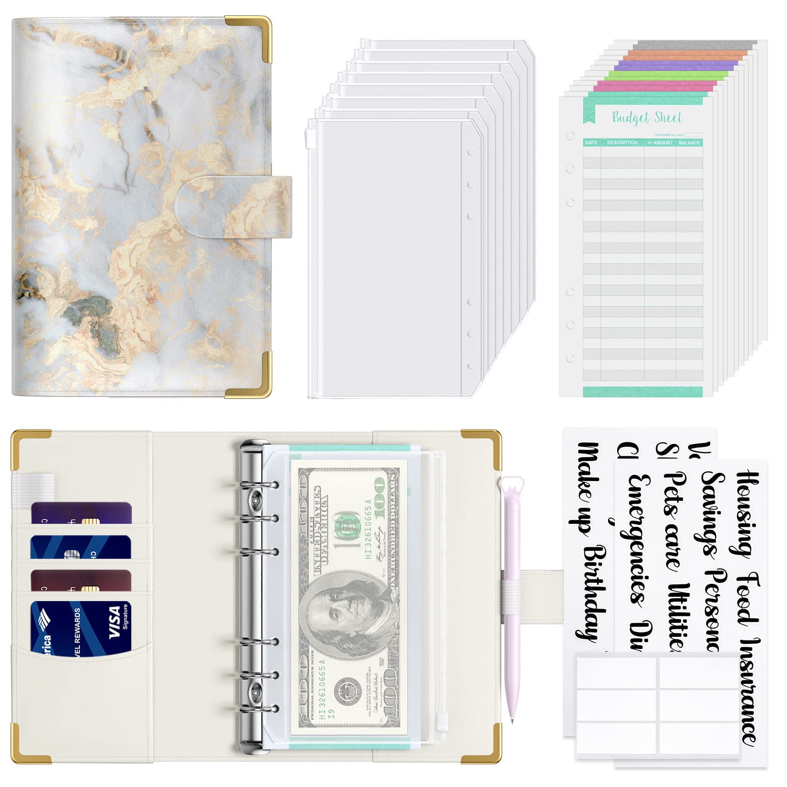 Hnogri Budget Binder with Zipper Envelopes, A6 Money Saving Binder Cash Envelopes for Budgeting, PU Leather Budget Planner Money Organizer for Cash Bills, Floral Budget Wallet for Women, Chaos Marble