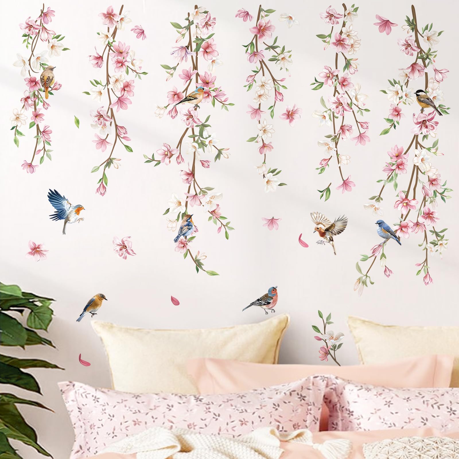 decalmile Hanging Flower Vine Wall Decals Pink Floral Leaves Birds Wall Stickers Bedroom Living Room Sofa TV Background Wall Decor