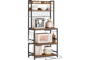 VASAGLE Bakers Rack with Power Outlet, Microwave Stand, Kitchen Tall Utility Storage Shelf, with Metal Wire Panel, 14 Hooks, 