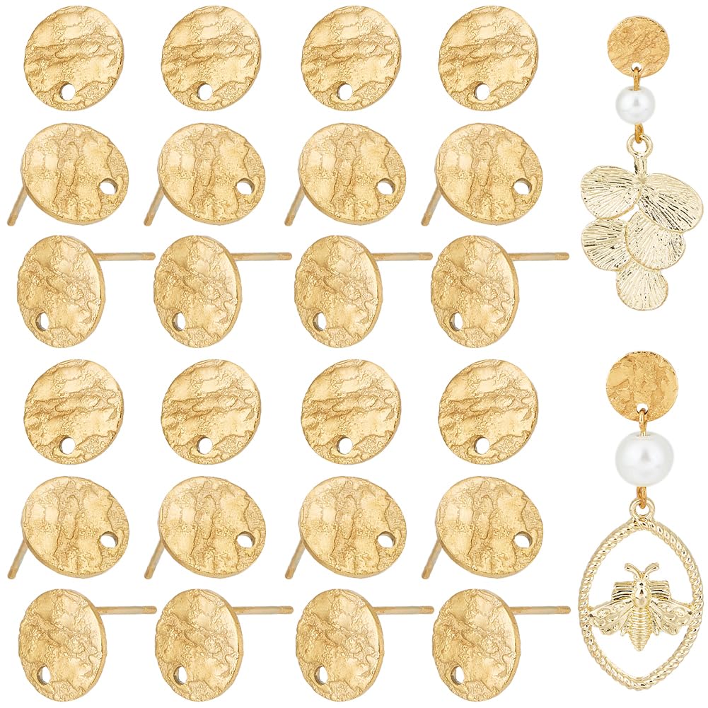 SUNNYCLUE 1 Box 50Pcs Earring Post Findings 304 Stainless Steel Earring Posts Textured Flat Round Post Earrings Gold Earring Studs with 50pcs Butterfly Earring Backs for jewellery Making Accessories