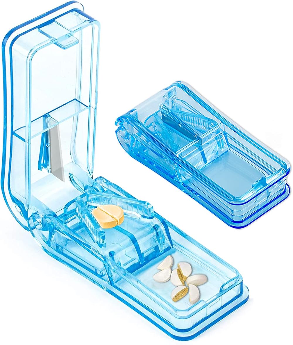 LeFeirr Pill Splitter Blue with Storage Small Large Pills Cutter Sharp Blade