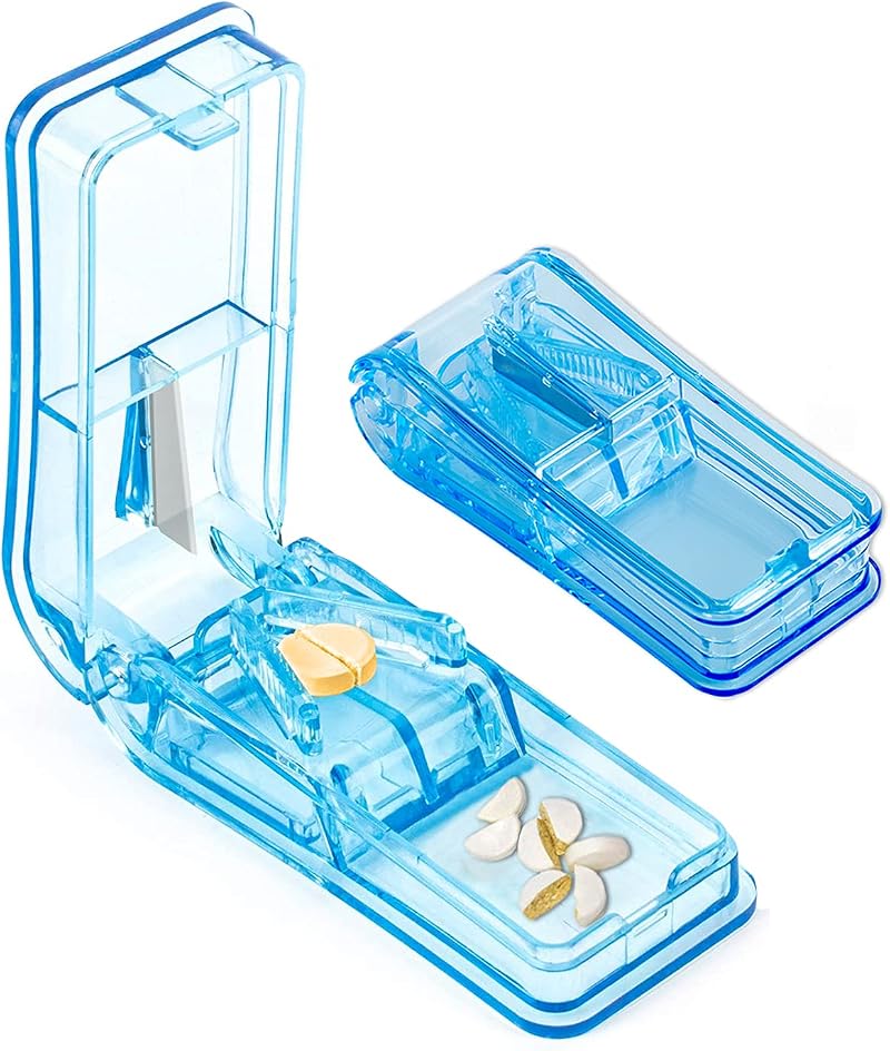 LeFeirr Pill Splitter Blue with Storage Small Large Pills Cutter Sharp Blade