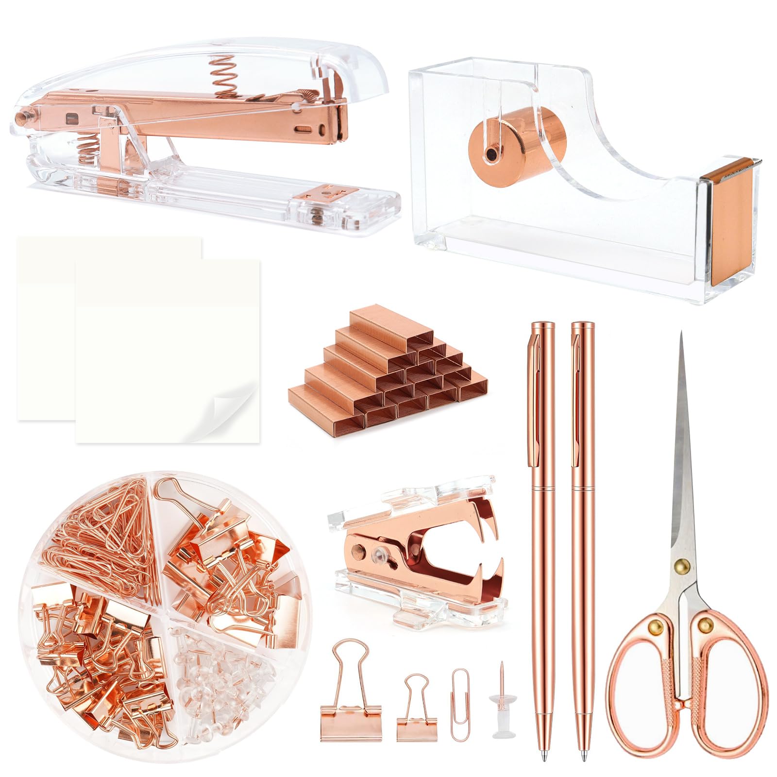 Rose Gold Office Supplies,Rose Gold Desk Accessories,Stapler and Tape Dispenser Set with Stapler,Tape Dispenser, Staple Remover, Staples, Clips,Scissor,Pen and Sticky Notes,Gifts for Office Clerks