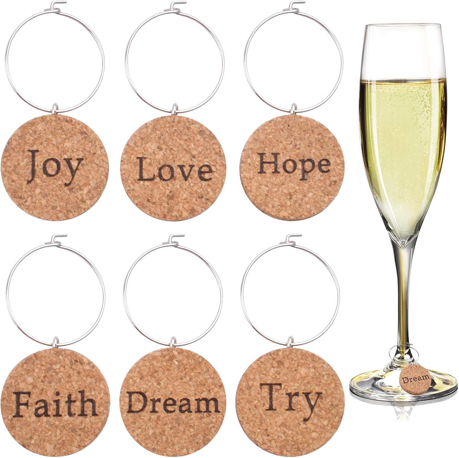 Wine Glass Charms, 6pcs Letter Cork Wine Glass Tags Natural Cork Glass