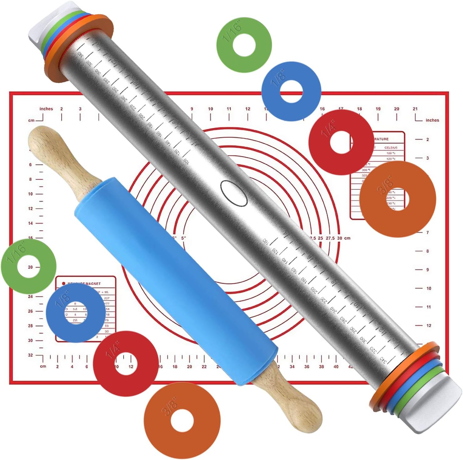 Rolling Pin and Pastry Mat Set, Icnice 2PCS Stainless Steel Adjustable Thickness