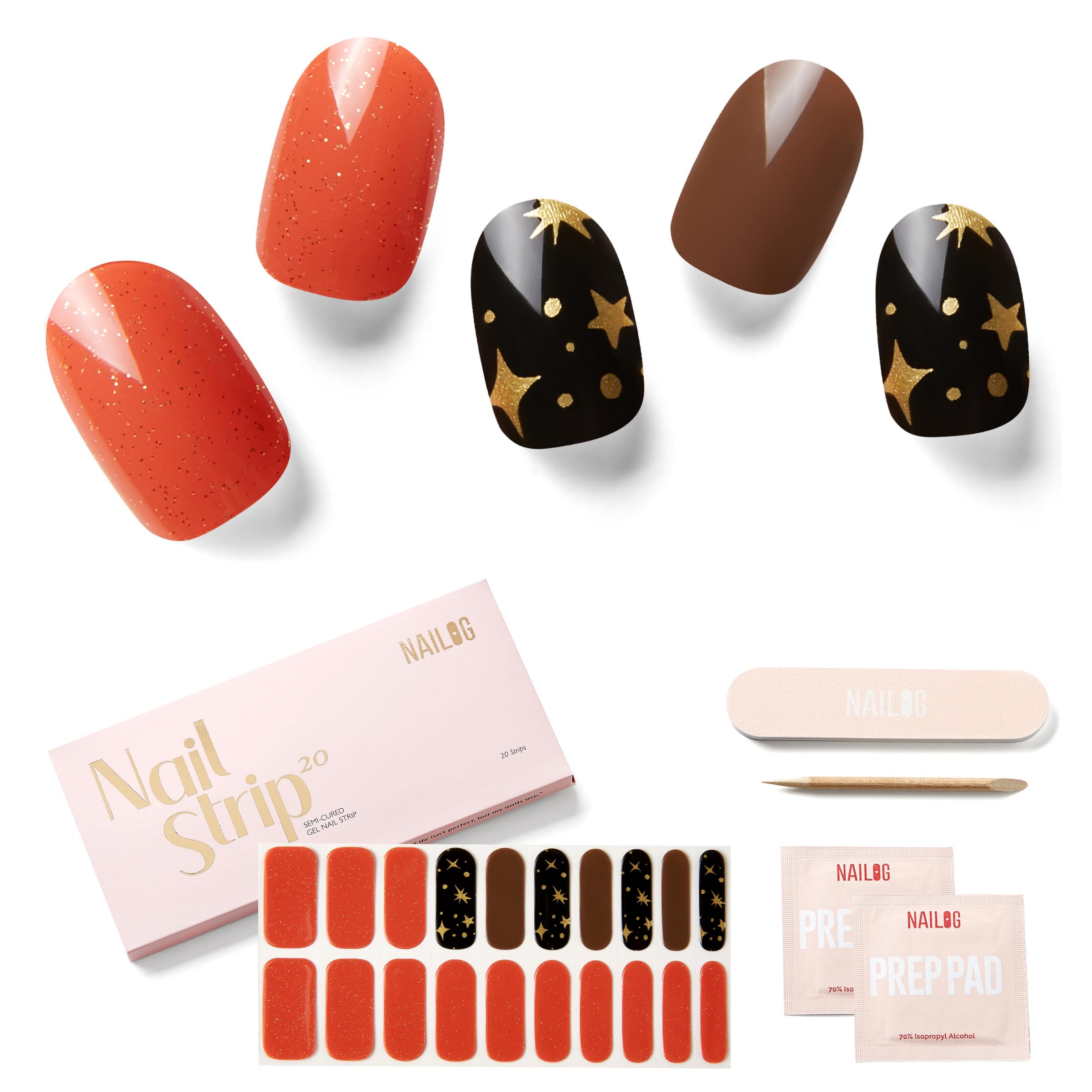 NAILOG Semi Cured Gel Strips (20 Extra Long Stickers), UV/Led Lamp Glossy & Long Lasting Soft Gel Finish Wrap, Sienna Myth — image 1