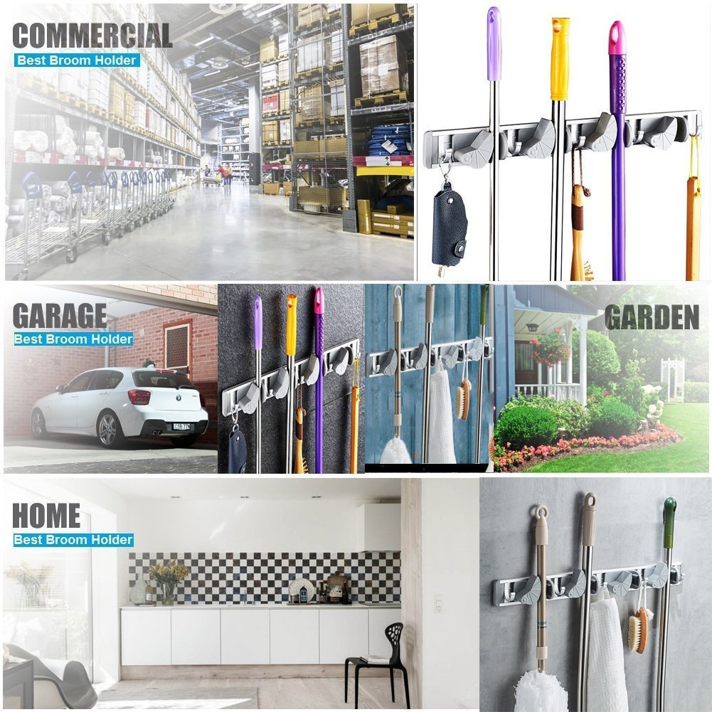 Multi-functional Mop Rack Senior Aluminum Clip On Broom Holder and Garden Tool Organizer for Rake or Mop Handles and Many Handy Tools 9 in 1 (Silver and Gray)