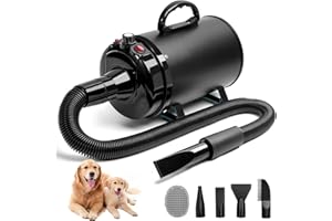 BLANLODY High Velocity Dog Hair Dryer 5.2HP/ 3800W Professional Dogs Blower Grooming Dryer, Adjustable Temperature and Speed Pet Dryers with 4 Nozzles and a Comb, Black