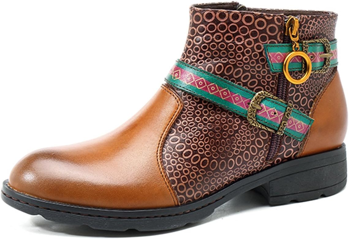 Socofy Leather Ankle Bootie, Women's Vintage Handmade Flat Retro Buckle Pattern