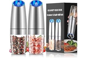 FLYXIREGG Gravity Electric Salt and Pepper Grinder Set, Automatic Shakers Mill Grinder Battery Powered with LED Light, Adjustable Coarseness, One Hand Automatic Operation, 2 Pack - Silver
