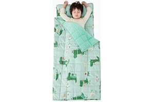 Kids Sleeping Bag with Weighted Blanket 3lbs and Pillow, Insugar 2-in-1 Weighted Kids Nap Mat, Extra Long, Soft for Preschool, Children Daycare Kindergarten, Travel, Green Crocodile, 50 x 20 Inches