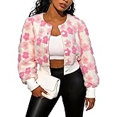 Flygo Women's Cropped Floral Print Bomber Jacket Warm Fleece Varsity Jacket Casual Button Down Puff Sleeve Coat Outerwear