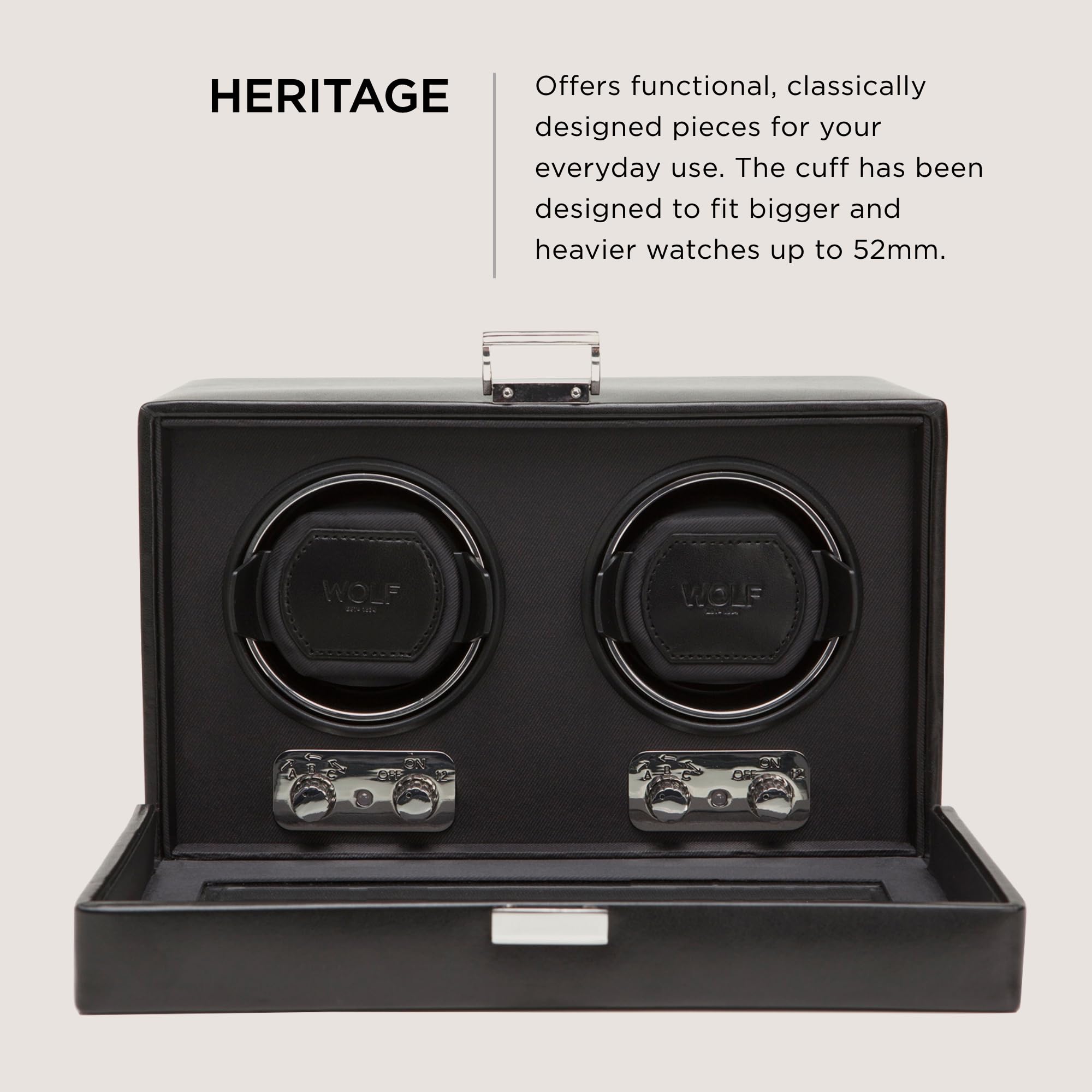 WOLF Heritage Double Winder with Glass Cover, Black - Secure Fit with Patented Dynamic Lock-In Cuff - For Bigger, Heavier Watches - Vegan Leather - Includes Universal Adapter