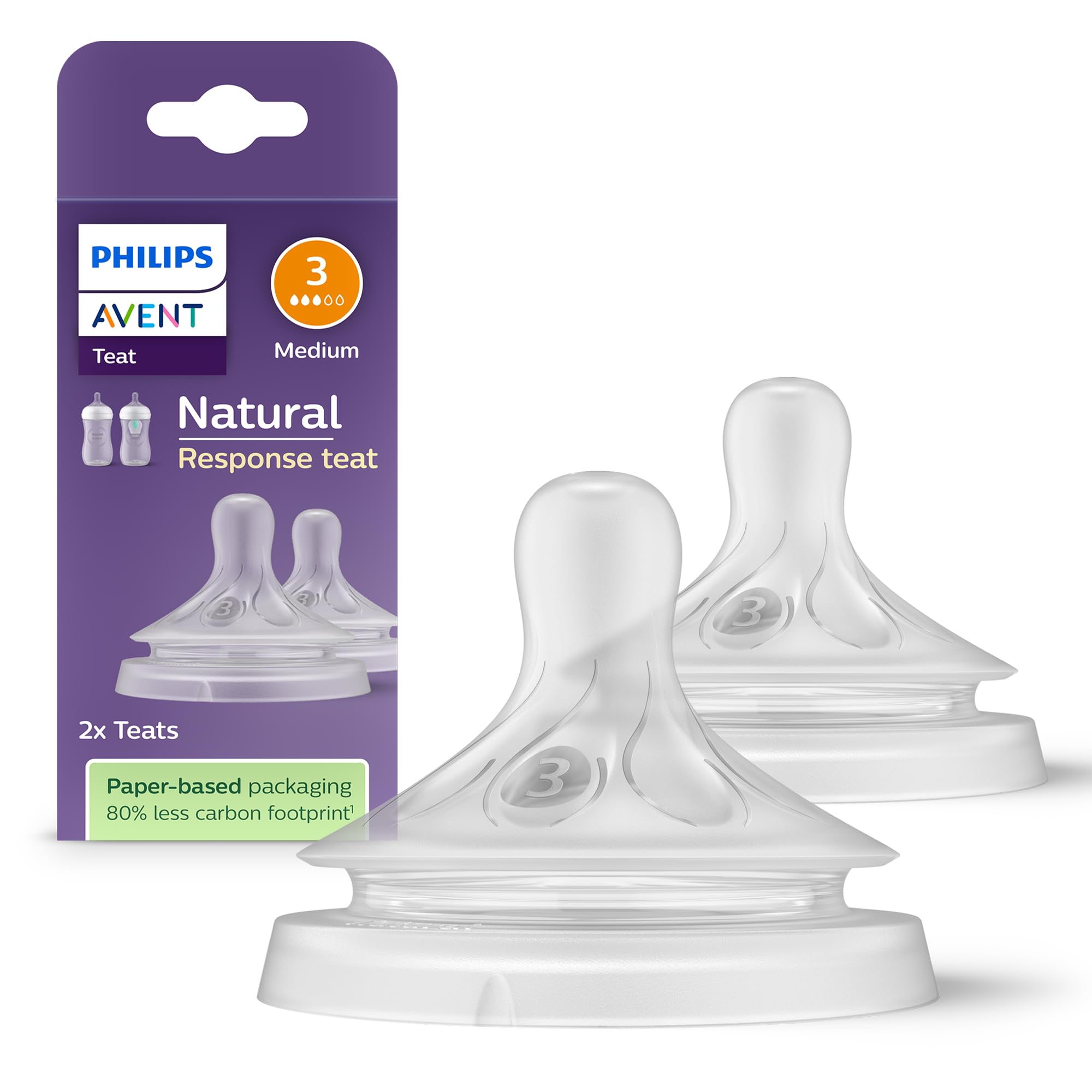 Philips Avent Natural Response Bottle Teat - 2 x Baby Bottle Flow 3 Teats for Newborn Babies, 1+ Months, BPA Free (Model SCY963/02)