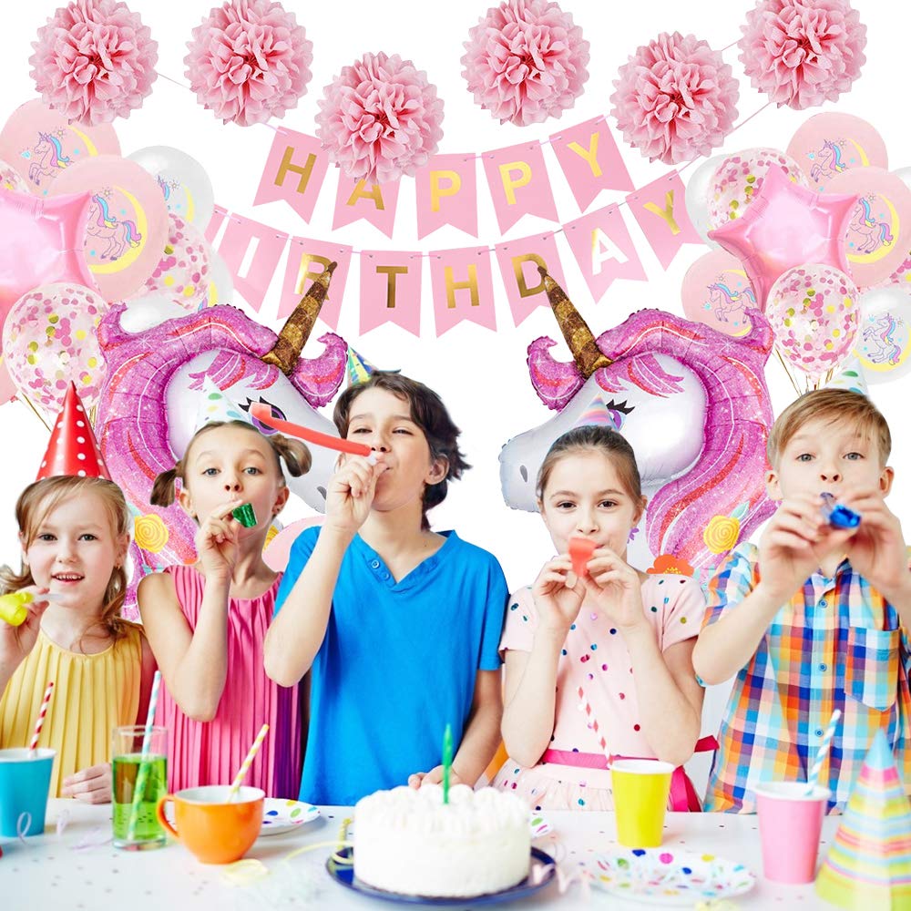 Palloncino Unicorno Decorazioni per Feste per Bambini Enormi Palloncini Lamina 3D,Happy Birthday Buon Compleanno Ballon Banner, Palloncini di Macaron in Lattice,Pompa ad Aria,Totale 29pcs
