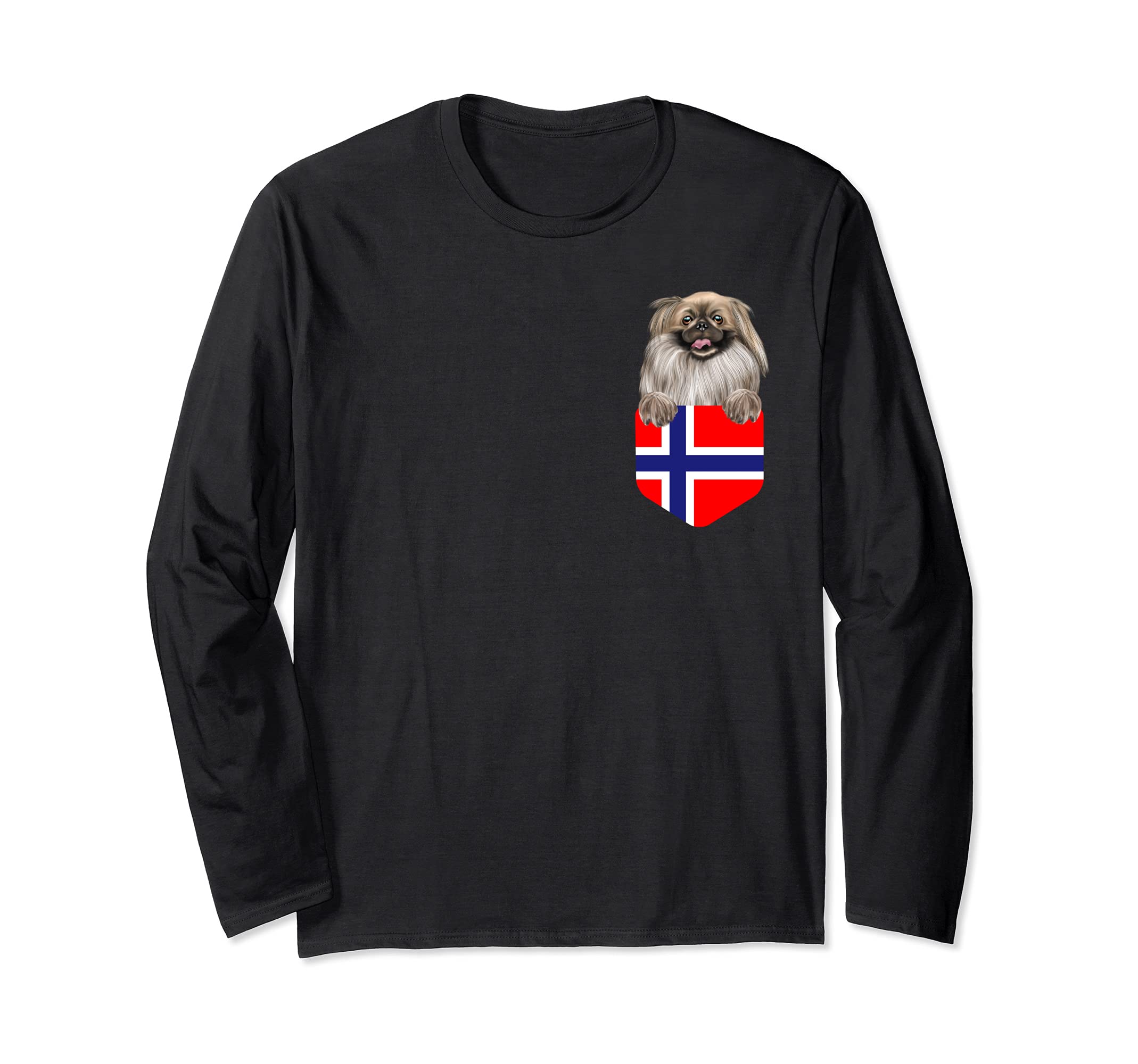 Norway Flag Pekingese Dog In Pocket Long Sleeve T-Shirt