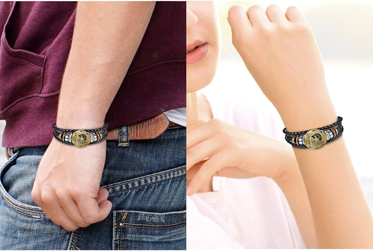 Oidea Mens Womens Punk Multi-Layer Pisces Zodiac Signs Constellation Astrology Braided Leather Cuff Bracelet,Black - Image 5