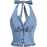 MakeMeChic Women's Shirred Denim Vest Tops Tie Backless Slim Fit Halter Crop Top