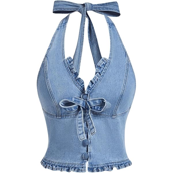 OYOANGLE Women's Frill Trim V Neck Denim Halter Top Tie Backless