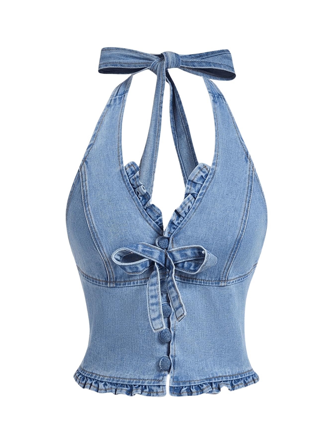Photo 1 of MakeMeChic Women's Shirred Denim Vest Tops Tie Backless Slim Fit Halter Crop Top Blue Small