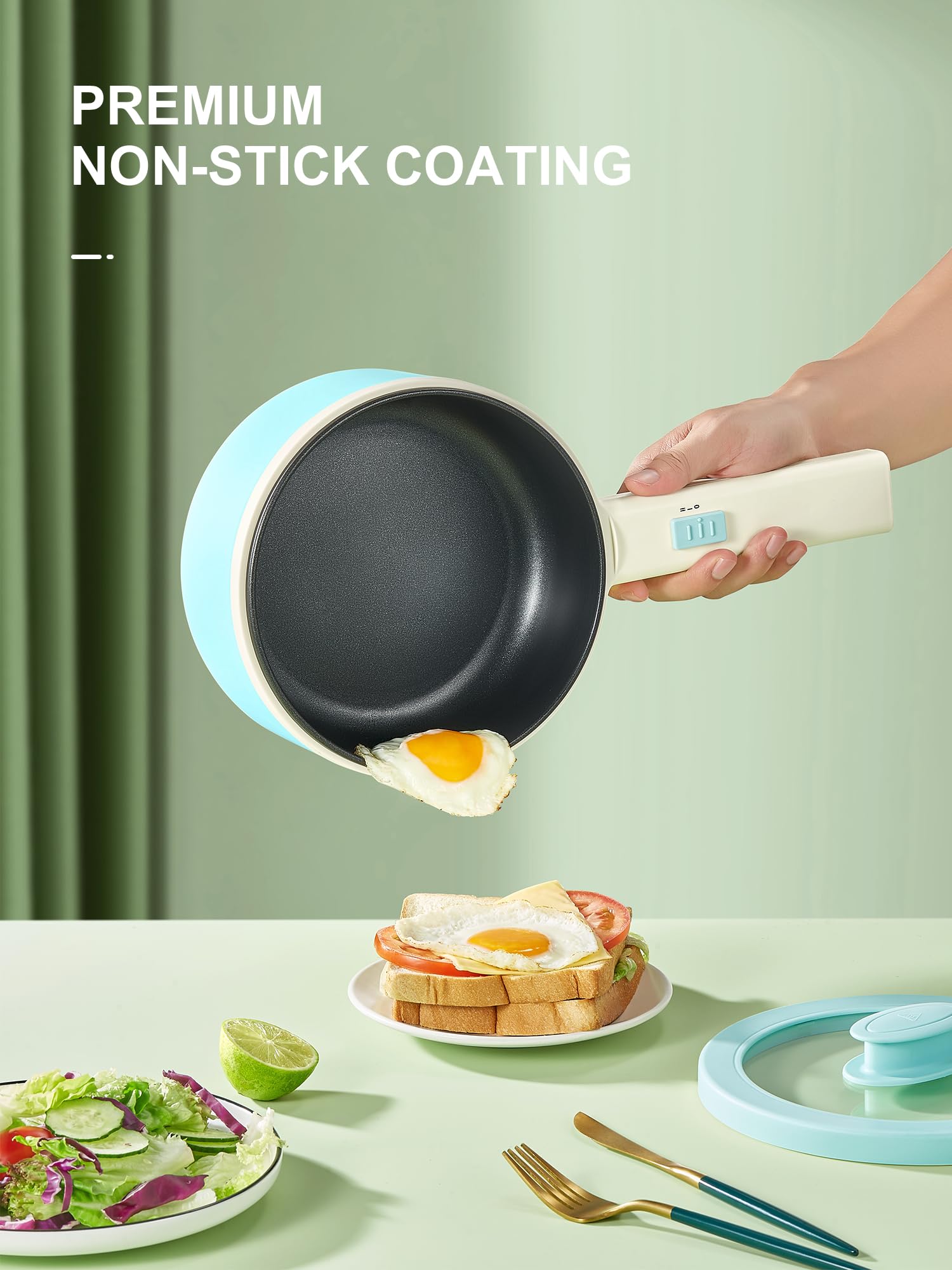 Hot Pot Electric With Steamer, 1.6L Ramen Cooker Non-Stick Sauté Pan for Steak, Egg, Fried Rice, Ramen, Oatmeal, Soup, Portable Personal Perfect Suit Dorm Room and Apartment (Aqua)