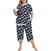 Lastshe Women Plus Size Pajama Set 2 Piece Short Sleeve Capri Pants Knit Sleepwear Lounge Set Ladies Pjs Soft with Pockets