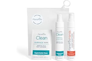 PLANEAIRE Travel Essentials | Hygiene Kit | Travel Toiletry Kit | Travel Size | Spray Hand Sanitizer Tangerine Coriander Scent | Surface Wipes | Individual Travel Wipes | Surface Cleaner | With Essential Oils