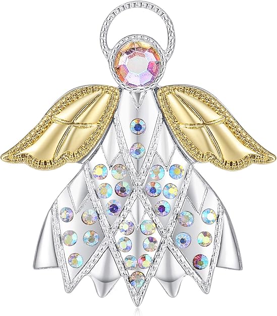 Crystal Guardian Angel Pin Silver Plated with Gold Wings Christmas