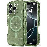 Pepmune Magnetic for iPhone 16 Pro Case Clear, Sparkly Bling Glitter Cute Curly Wave Transparent Cover for Women Men Compatible with MagSafe Shockproof Protective Phone Case for iPhone 16 Pro, Green