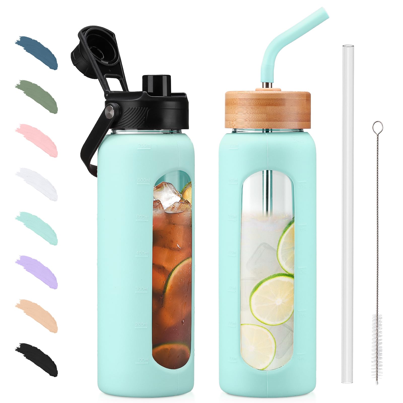 BLUEGO 700ml Glass Water Bottle with Straw and 2 Lids Glass Coffee Cup with Time Marker and Silicone Protector Glass Tumbler for Beverages Soda Cola BPA Free, Light Blue