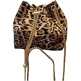 RoseSeek Women's Leopard Drawstring Bucket Bags Chain PU Leather Retro Crossbody Bags Purse