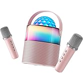 MOMOHO Karaoke Machine with Disco LED Lights for Adults Kids, Mini Portable Bluetooth Speaker with 2 Wireless Microphones, Birthday Gifts Toys for Kids Family Home Party (Pink)