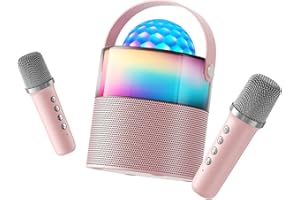MOMOHO Karaoke Machine for Kids, Mini Karaoke Mchine,Portable Bluetooth Speaker with 2 Wireless Mics, Disco LED Lights for Parties & Travel, for Girls & Boys (Pink)