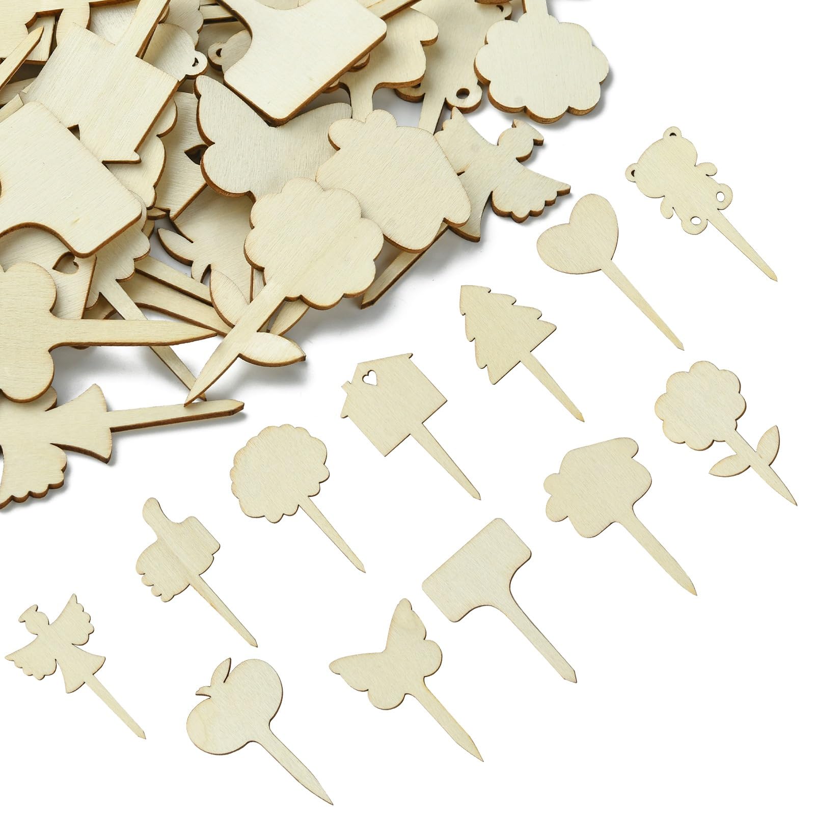 Ipotkitt 60 Pcs 12 Styles Forest Theme Wooden Labels Butterfly Heart Flower Wood Sign Tags Old Lace Craft Supples for Garden Plant Wedding Party Bouquet Decor