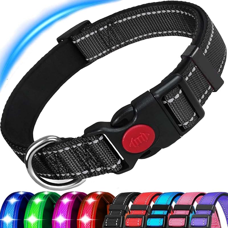 ATETEO Reflective Adjustable Dog Collar with Neoprene Padding Black S 9-14.2 in
