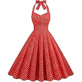 IWEMEK 1950s Dress for Women Pinup 50s Red Polka Dot 1940s Rockabilly Halter Bowknot 50's Dresses Vintage Audrey Hepburn with Pockets Red-Ruched XL