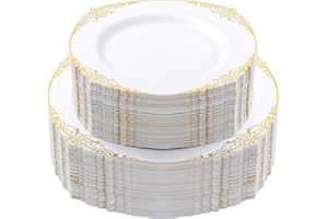 Goodluck 100 PCS White and Gold Plastic Plates for 50 Guests, Gold Disposable Plates Include 50 PCS Dinner Plates, 50 PCS Des