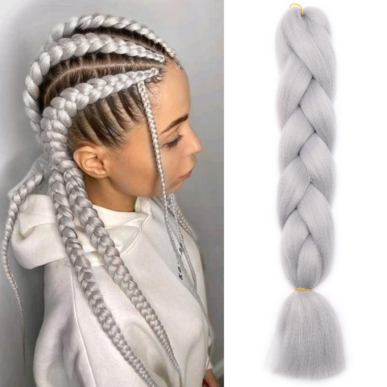 Silk-co Jumbo Braid Synthetic Hair 24" Hair Braiding Extensions Premium Jumbo Braids [100g-Light Grey] — image 1