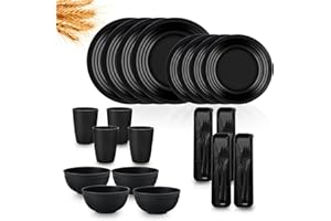 32 Piece Wheat Straw Dinnerware Sets, Kitchen Plates and Bowls Sets for 4, Plastic Plates Reusable Dishes Set, Outdoor Kitche